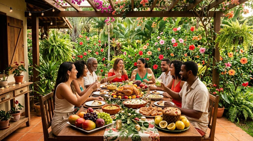 Uma família brasileira num almoço de Natal.