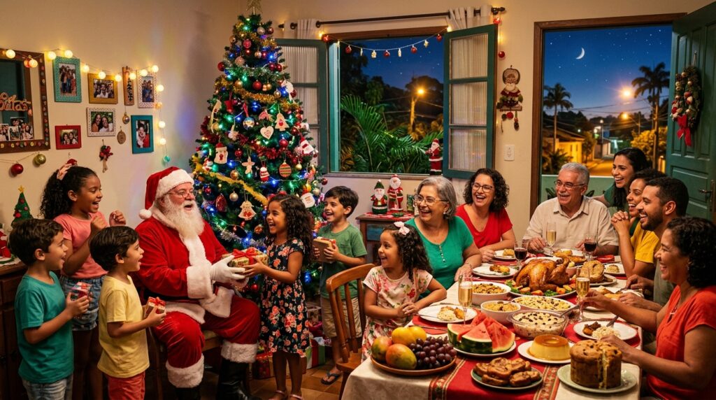 Uma alegre cena de véspera de Natal brasileira dentro de uma casa familiar modesta, porém aconchegante e lindamente decorada.