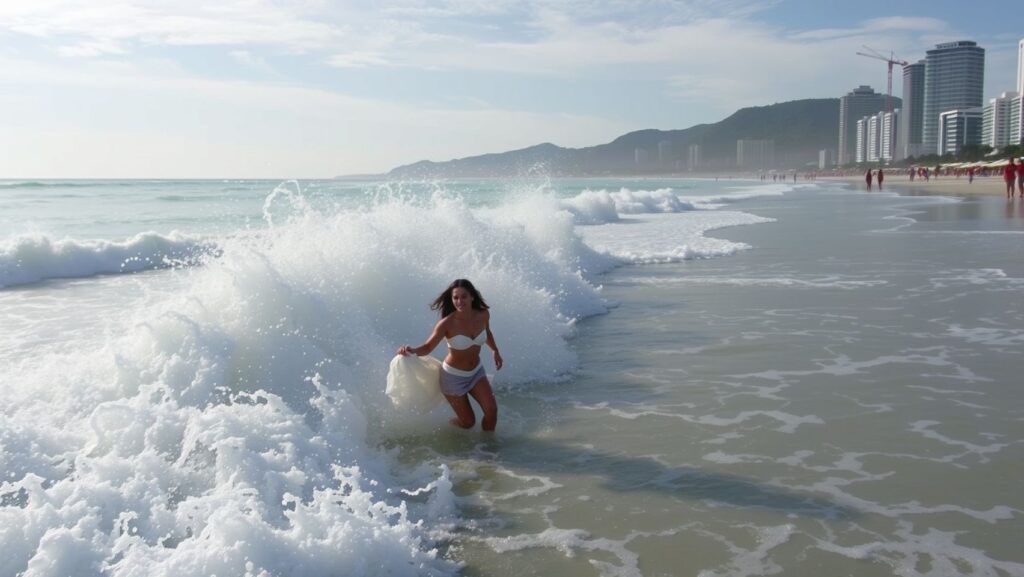 Mulher pulando ondas no Réveillon de Copacabana